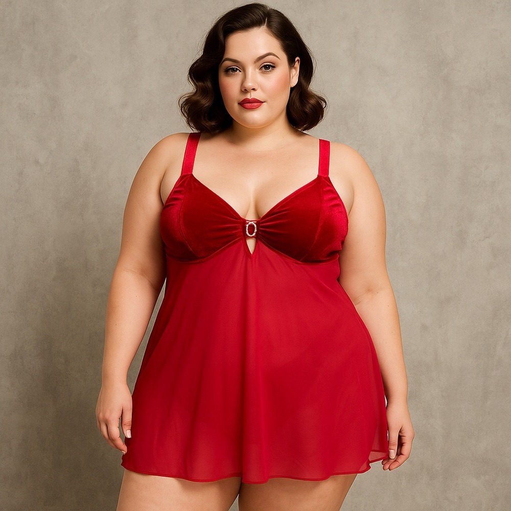 Cacique Lane Bryant Red Velvet Sheer Babydoll Nightie‎ Lingerie Plus Size 14/16